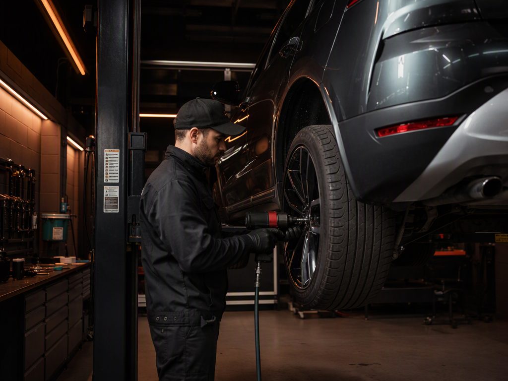 Mecanic Gumirom reparând o anvelopă în atelier